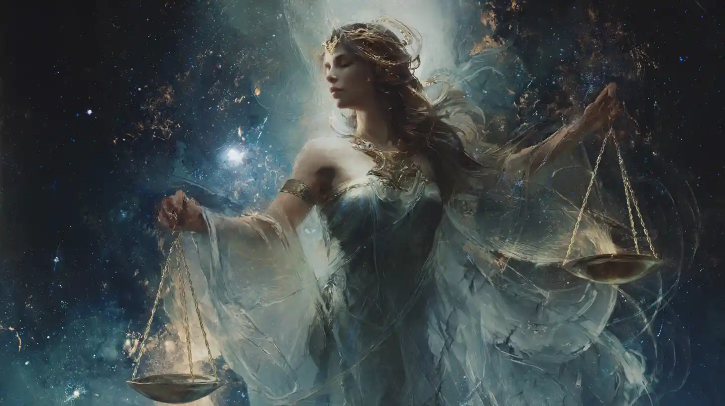 Divine woman holding scales in swirling cosmic void