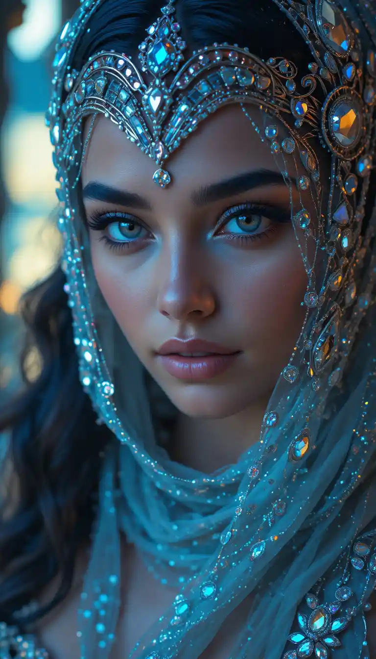 Glamorous woman in diamond veil with shimmering makeup