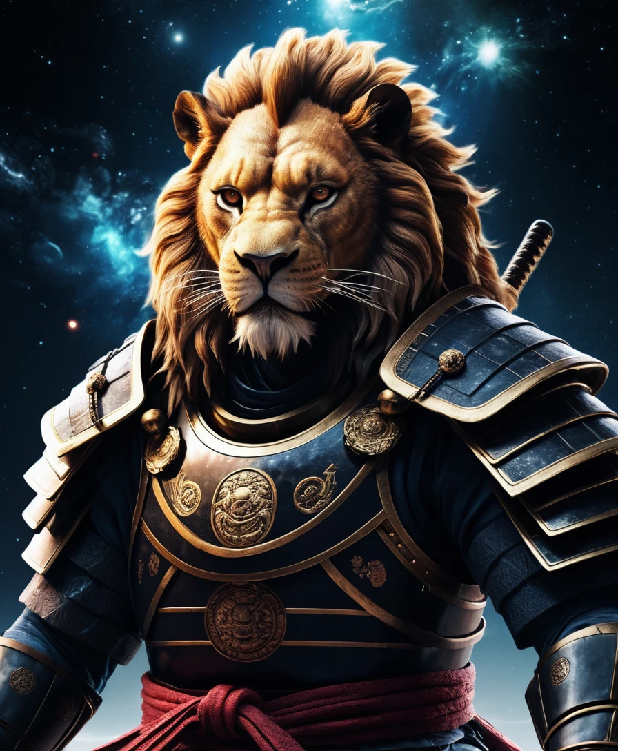 Samurai lion warrior floating in deep cosmic space