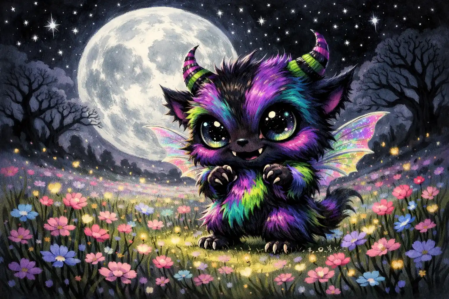 月光下粉彩奇幻草地上的可愛Q版小怪獸