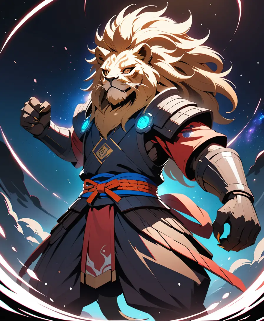Samurai Lion Warrior Floating In Deep Cosmic Space