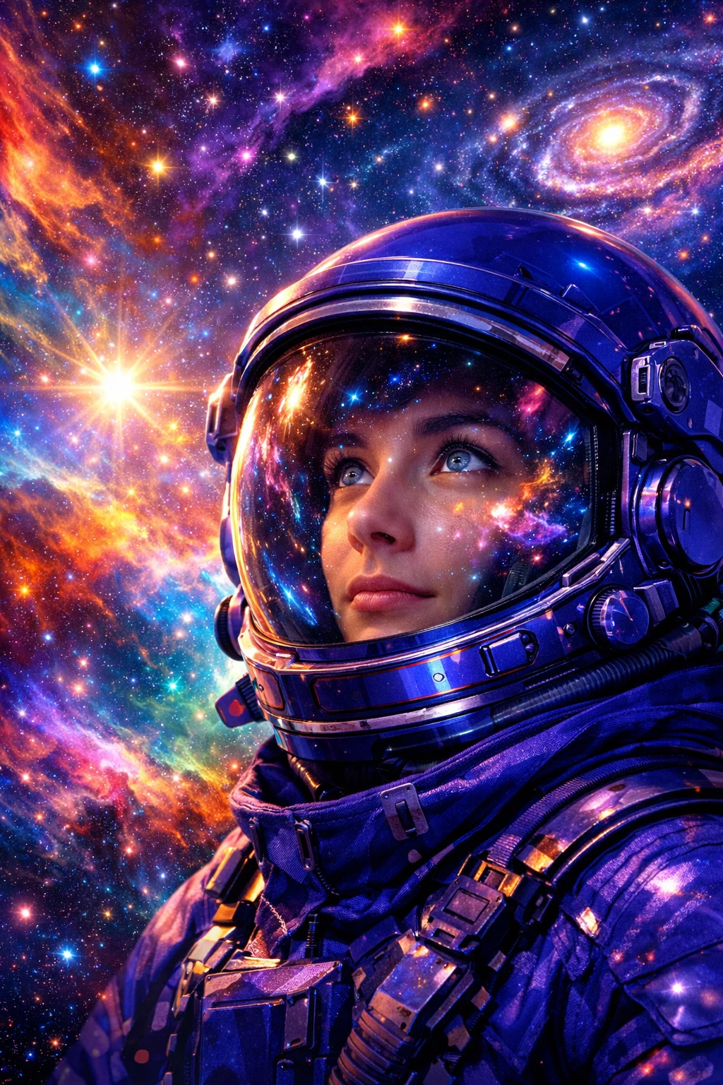 Retrato en primer plano de un astronauta en un espacio cósmico colorido y en espiral