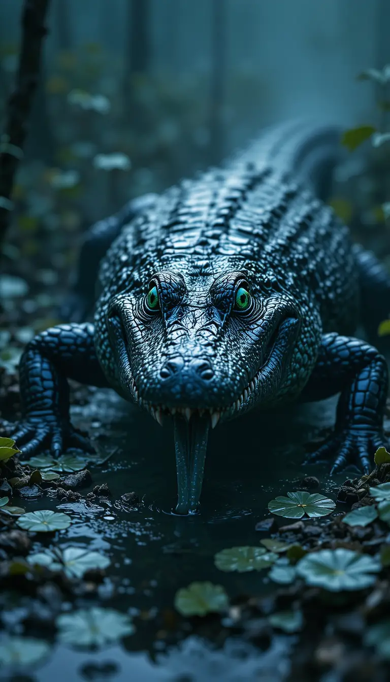 Emerald alligator stalking through a blue morning swamp