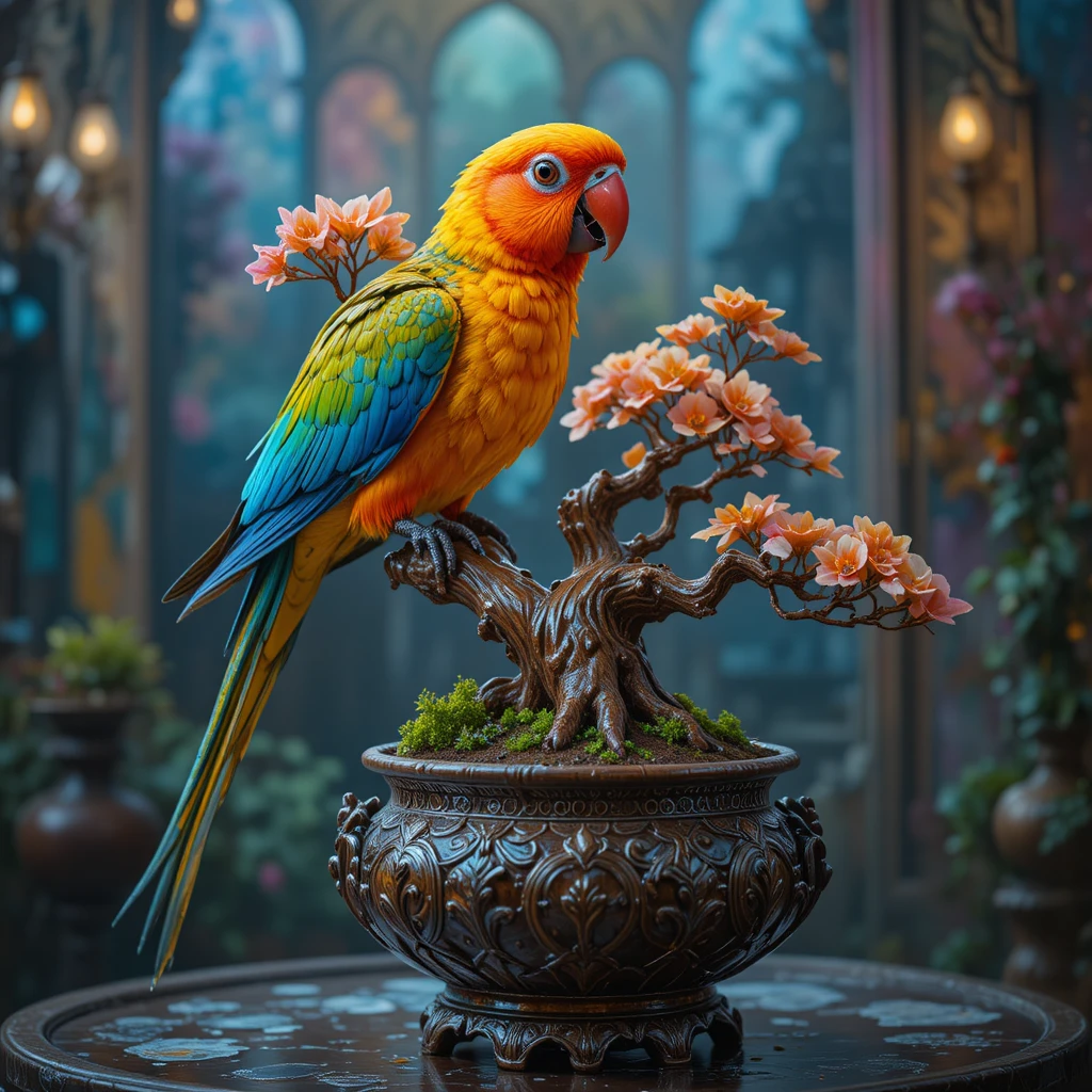 Canario colorido junto a un bonsái en maceta ornamentada