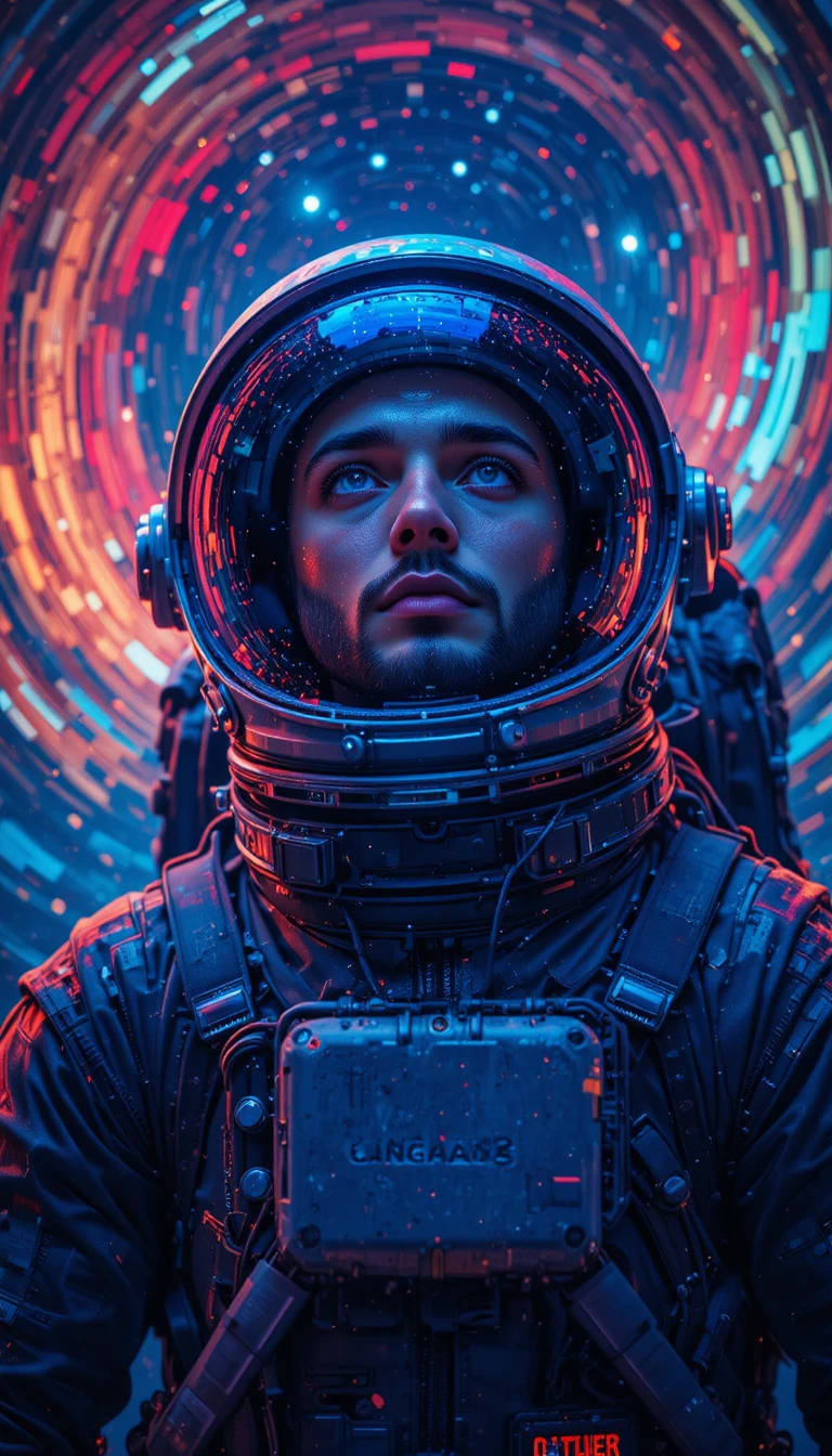 Close up astronaut against swirling colorful cosmic background