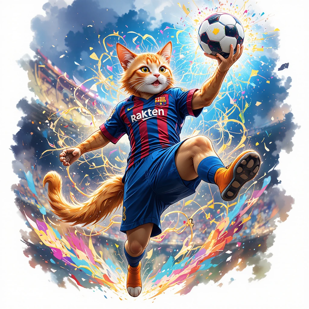 Portero gato de anime saltando para atrapar un balón de fútbol