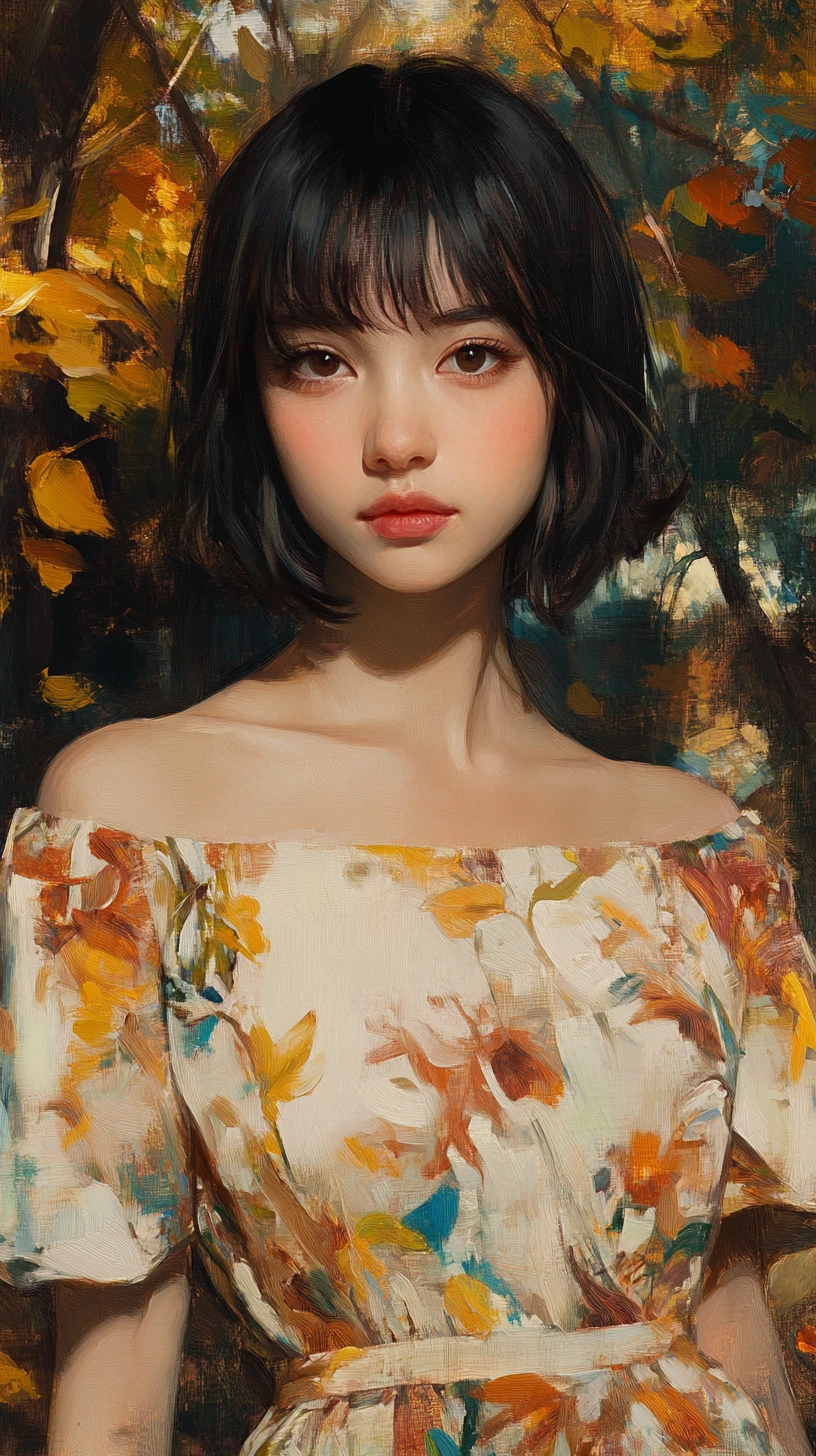 Young asian woman in an impressionist forest portrait