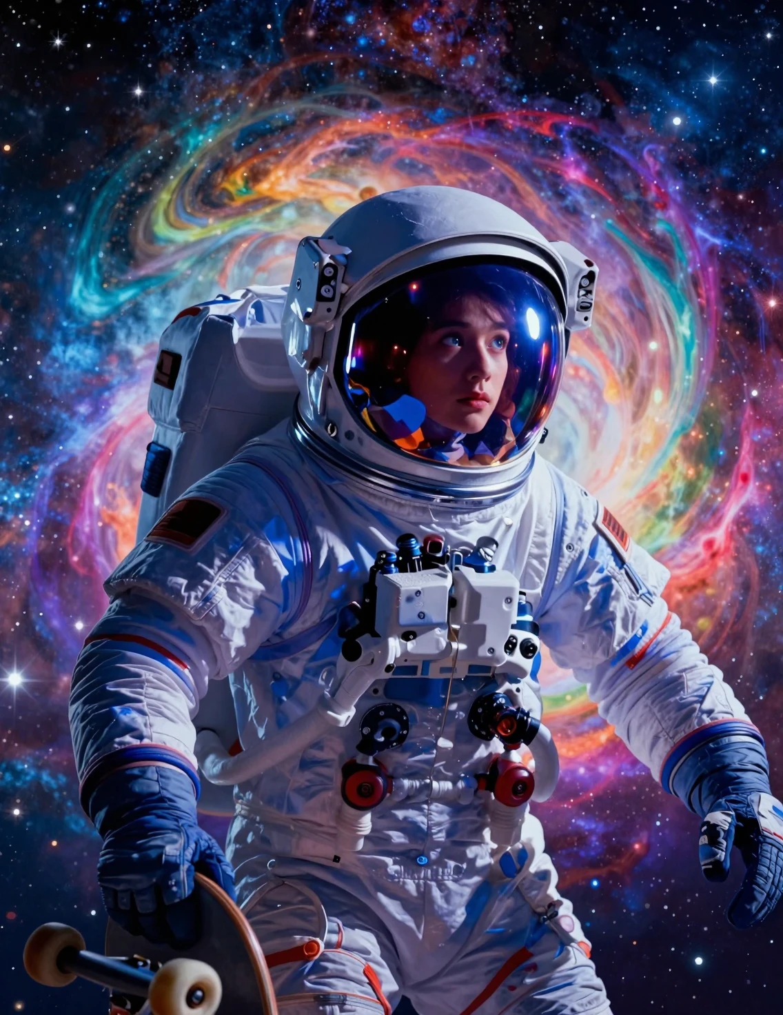 Astronauta indaco con skateboard in un vortice cosmico colorato