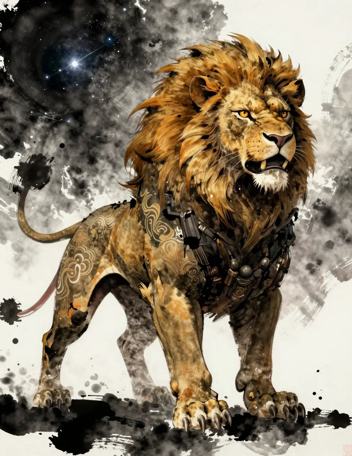 Samurai lion warrior floating in deep cosmic space