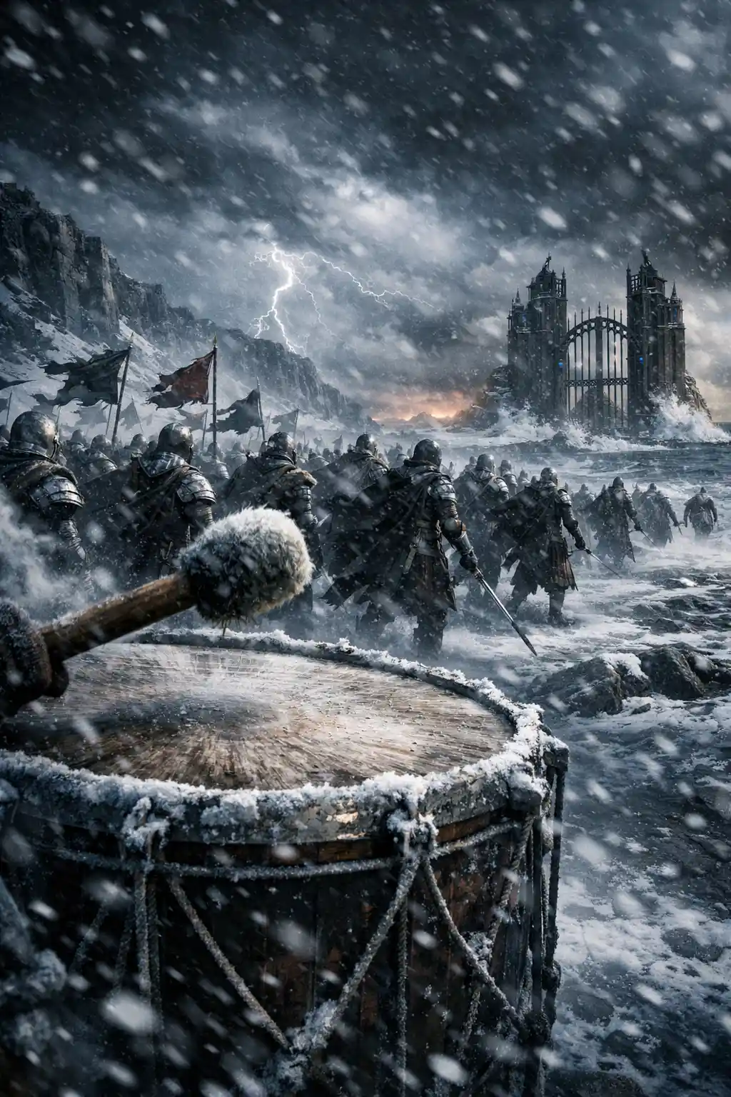 Armored warriors march across a frozen windswept battlefield