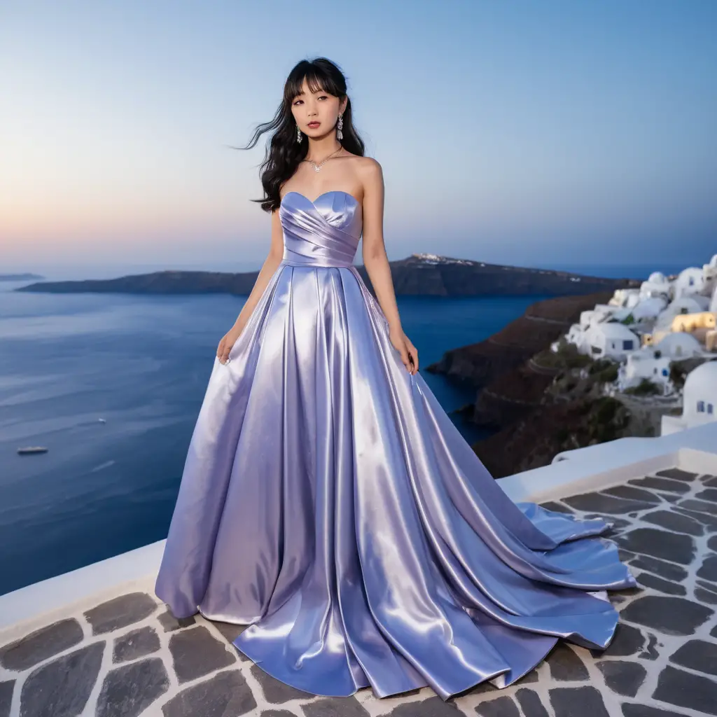 Chica elegante con vestido de satén lavanda de noche en Santorini