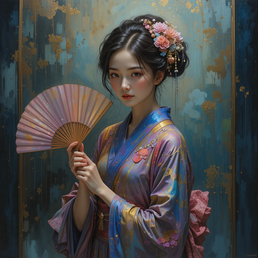 Woman in ornate kimono holding a fan in fantasy art