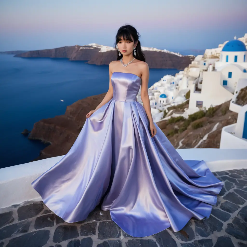 Elegant woman in lavender satin gown at night in Santorini