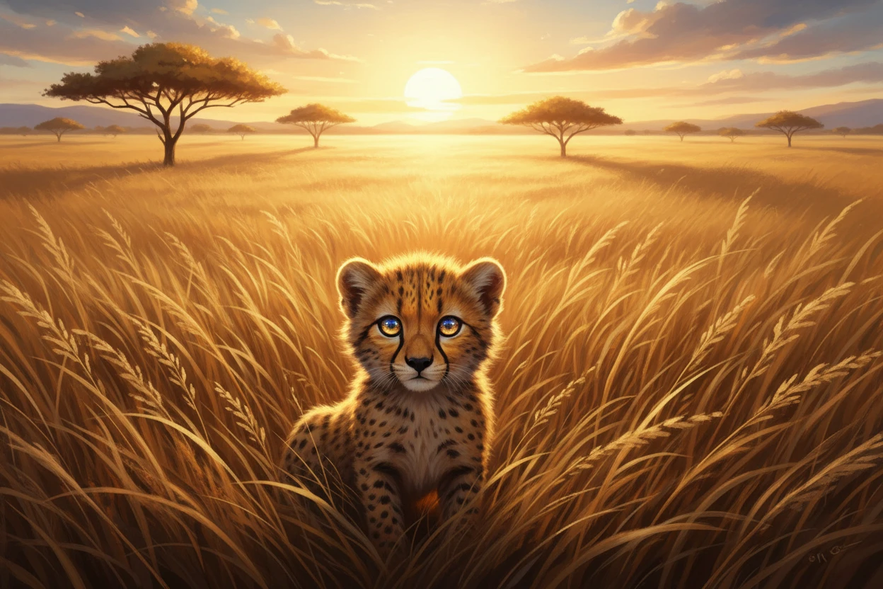 夕陽下金色稀樹草原中的小獵豹幼崽