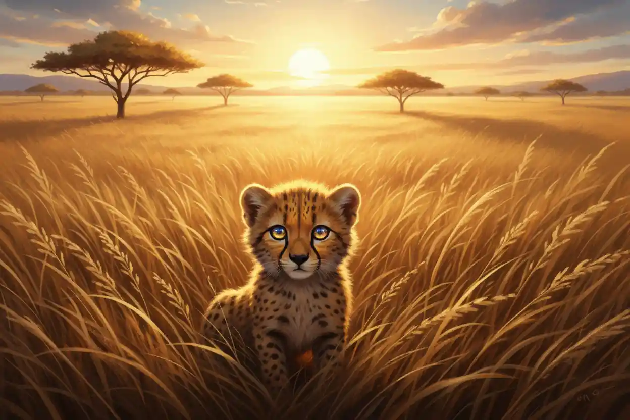 Baby cheetah cub in golden savanna grass at sunset