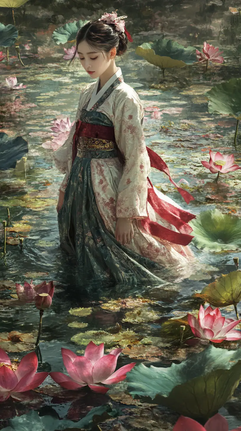Young woman in hanbok walking through a lotus pond