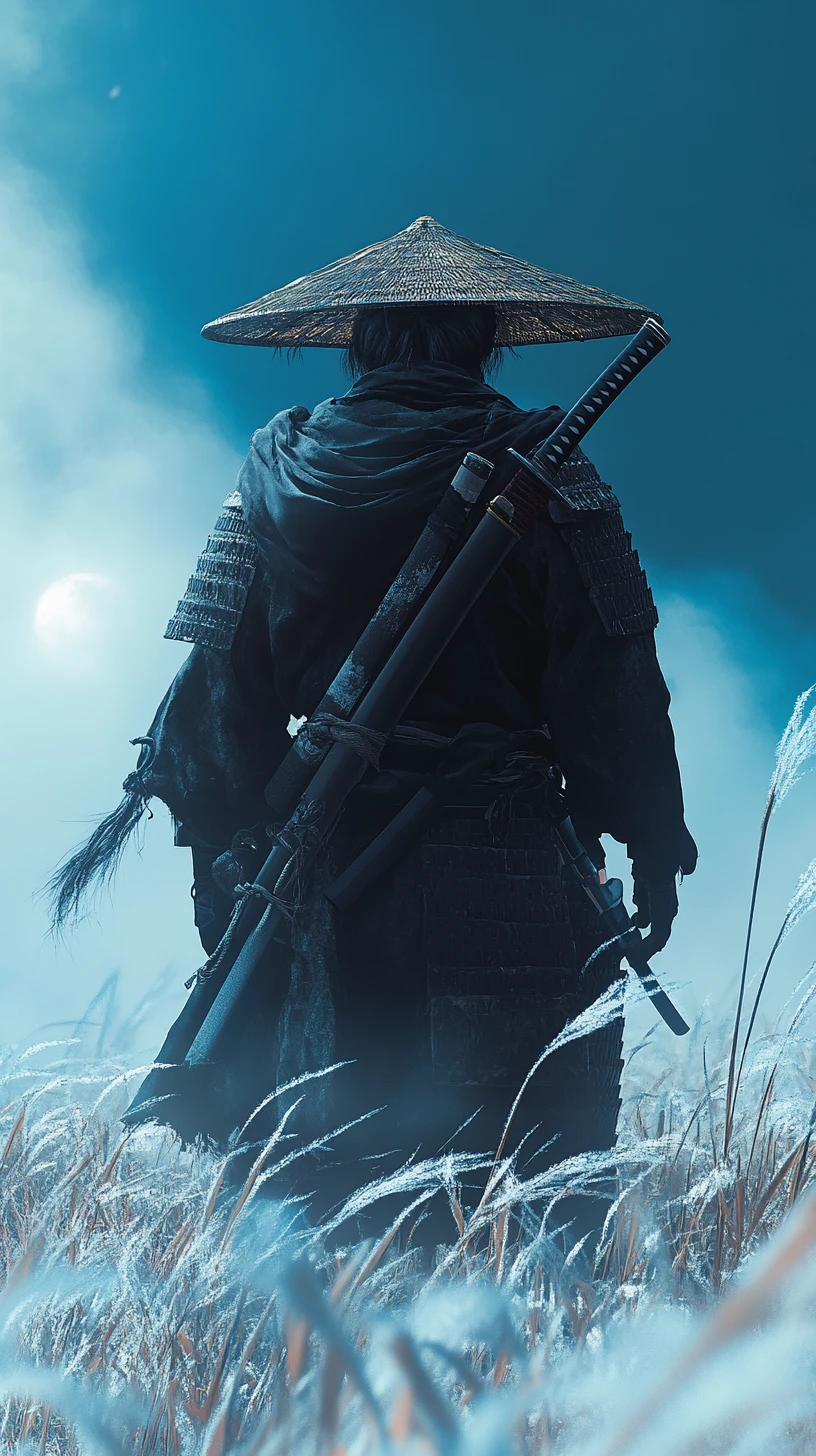 Lone samurai in silver grass under a dark misty sky