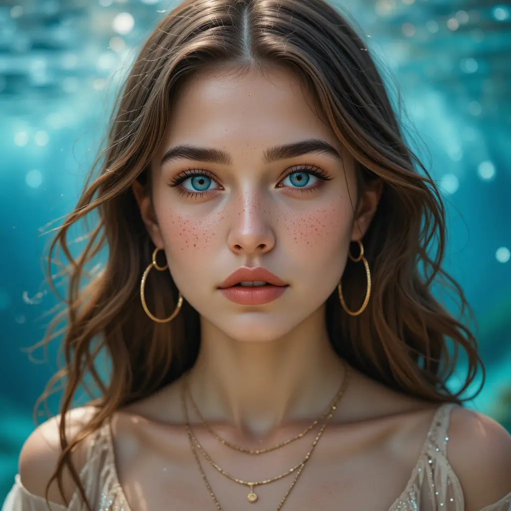 Young woman portrait with blue eyes and aquatic background
