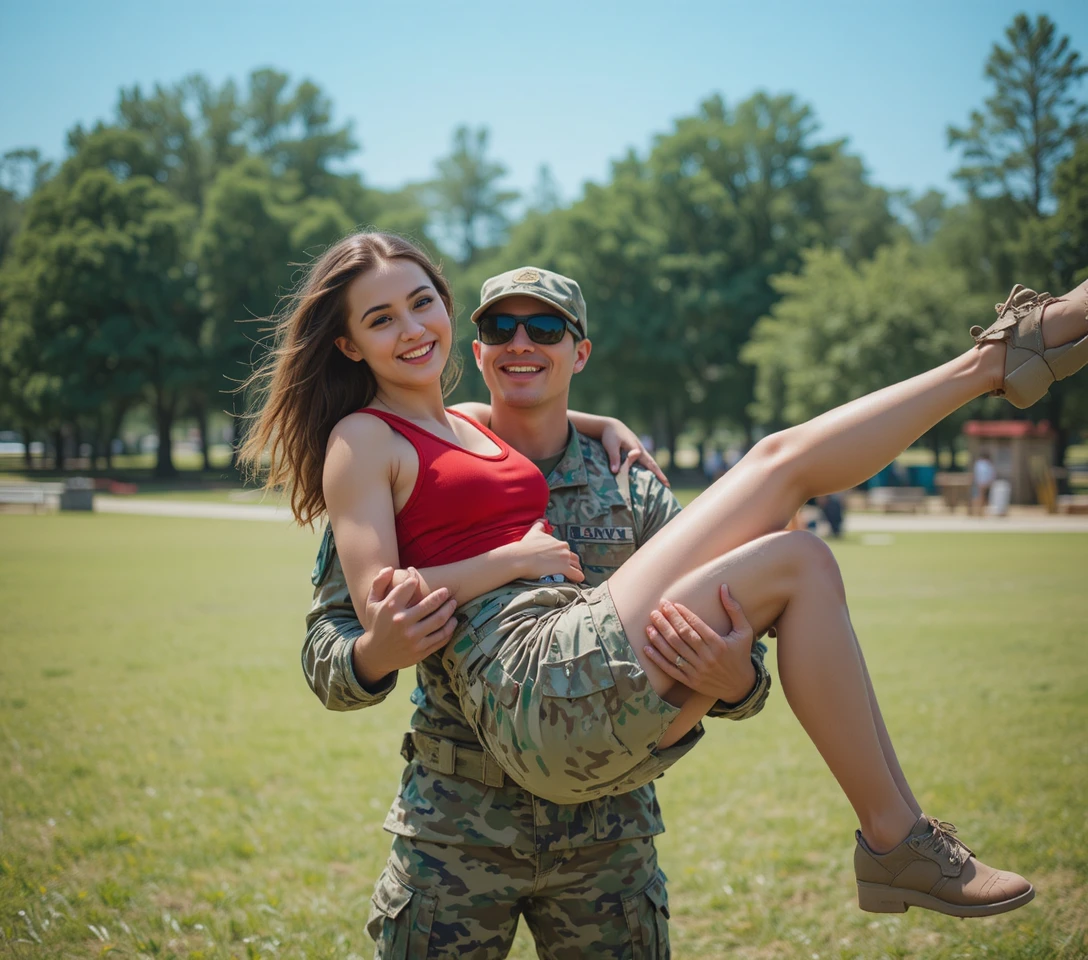 Soldier lifting smiling woman in a sunny park