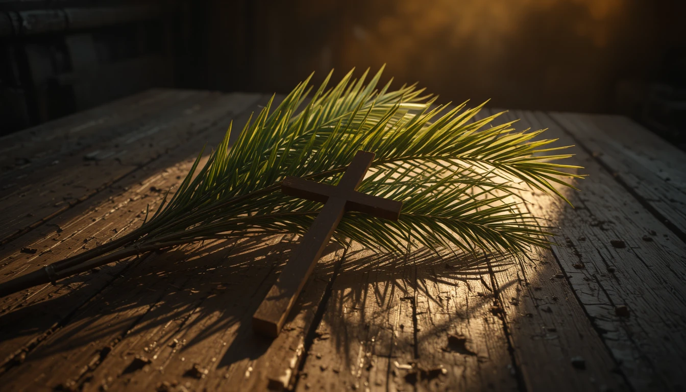 Palm branches on wooden table with cross shadow