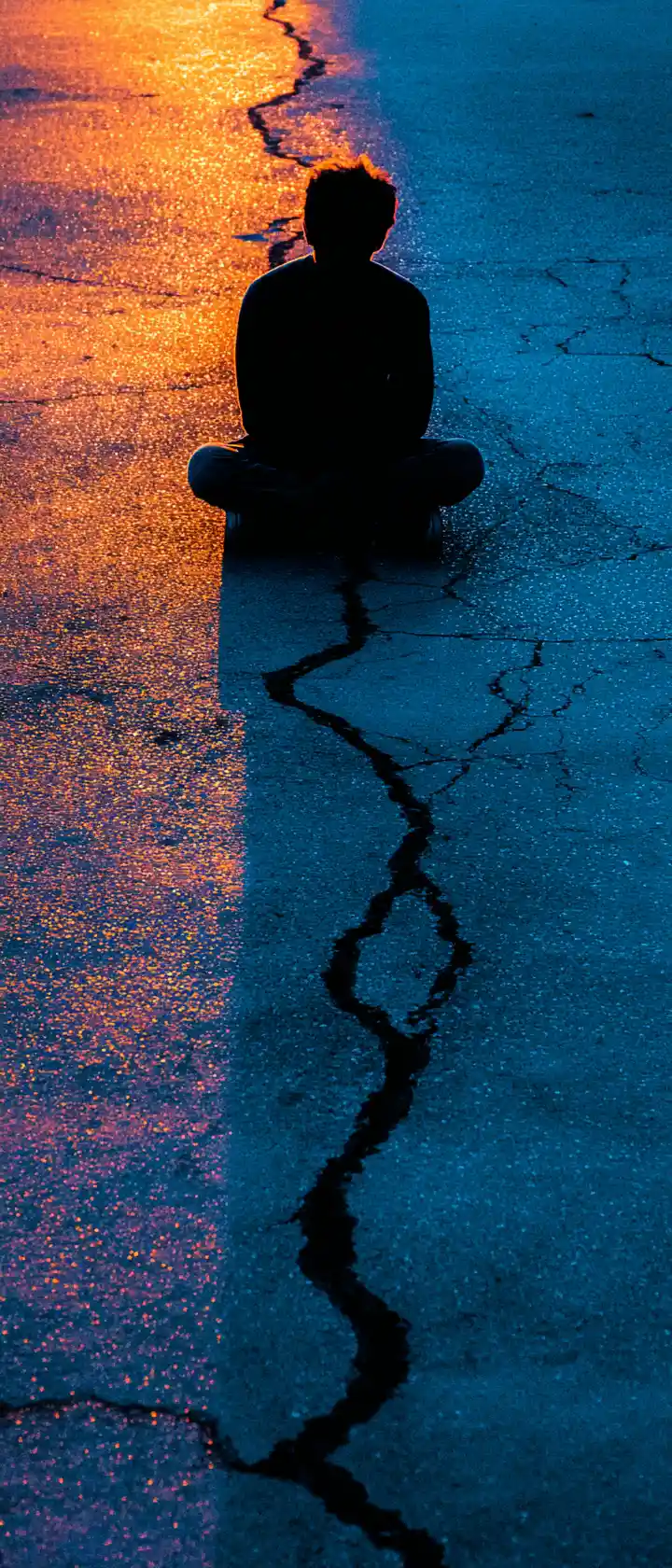 Teenage boy in twilight sitting on cracked street concrete