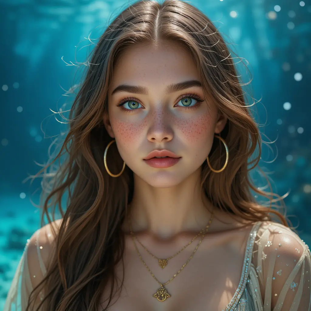 Young woman portrait with blue eyes and gold jewelry