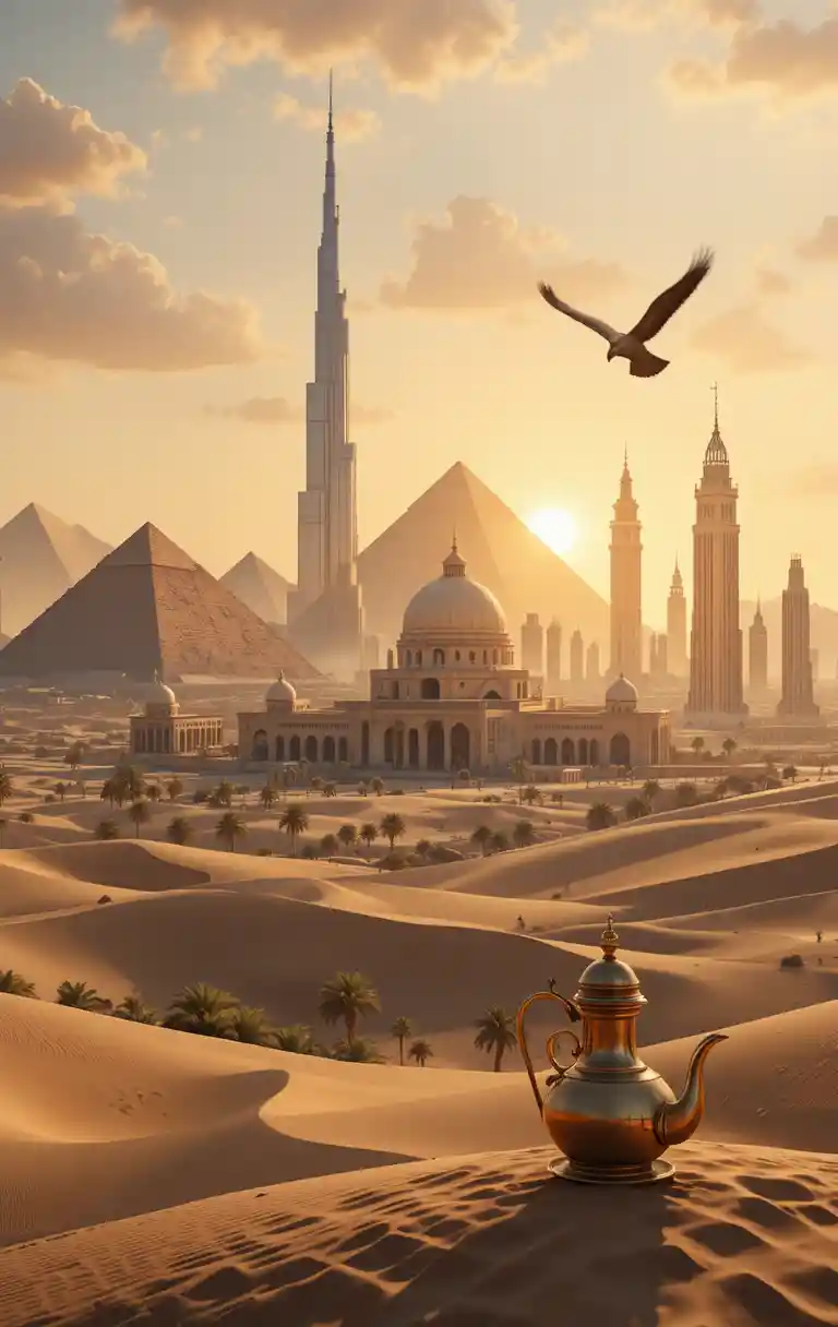 Cinematic panorama of iconic Middle Eastern desert landmarks