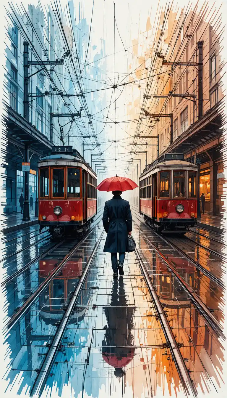 Solitary figure with red umbrella between vintage trams
