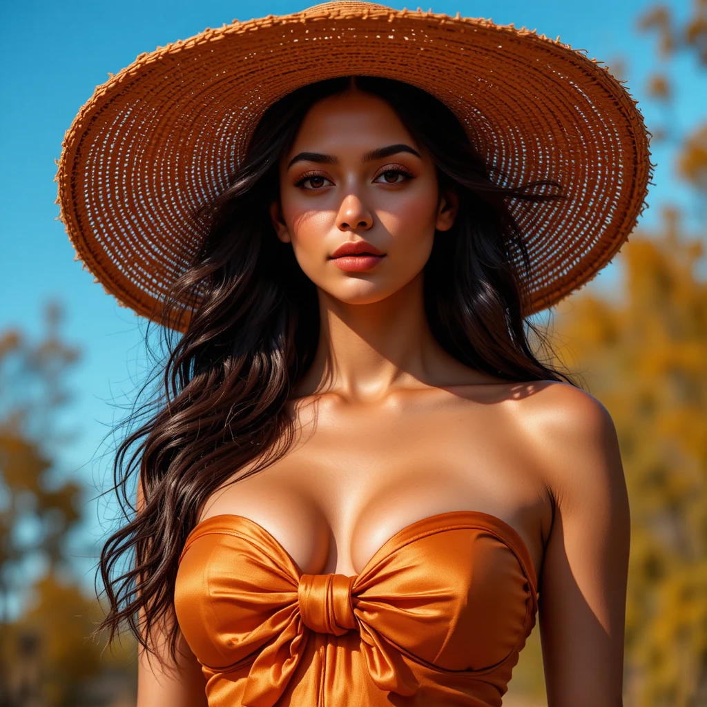 Elegant woman in orange bustier under sunny blue sky