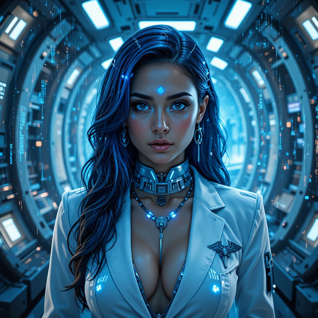 Doctora futurista en bahía médica iluminada en cian en Coruscant