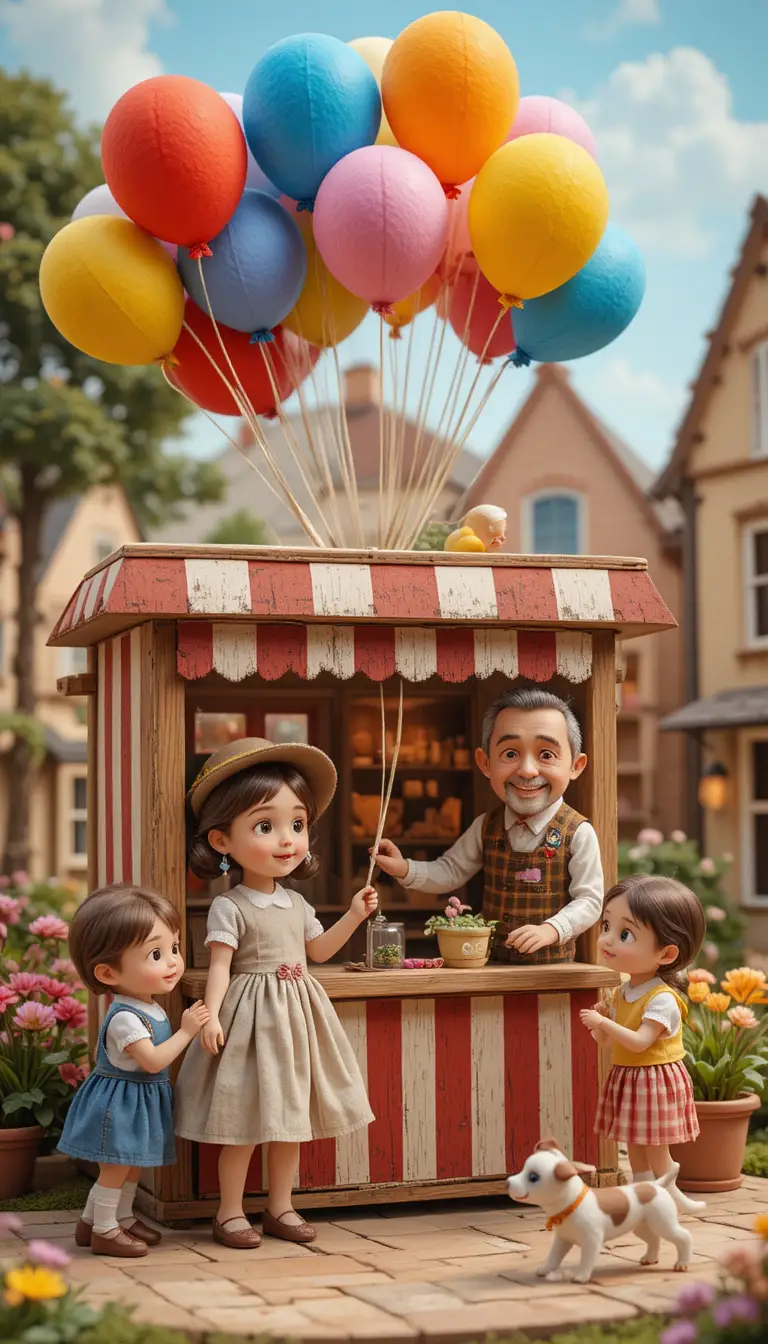 Cartoon girl buying a balloon in a cozy toy town square