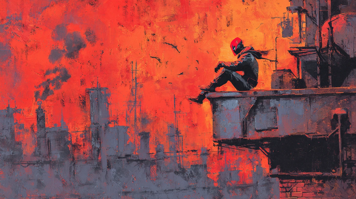 Masked vigilante overlooking a vast industrial dystopian city
