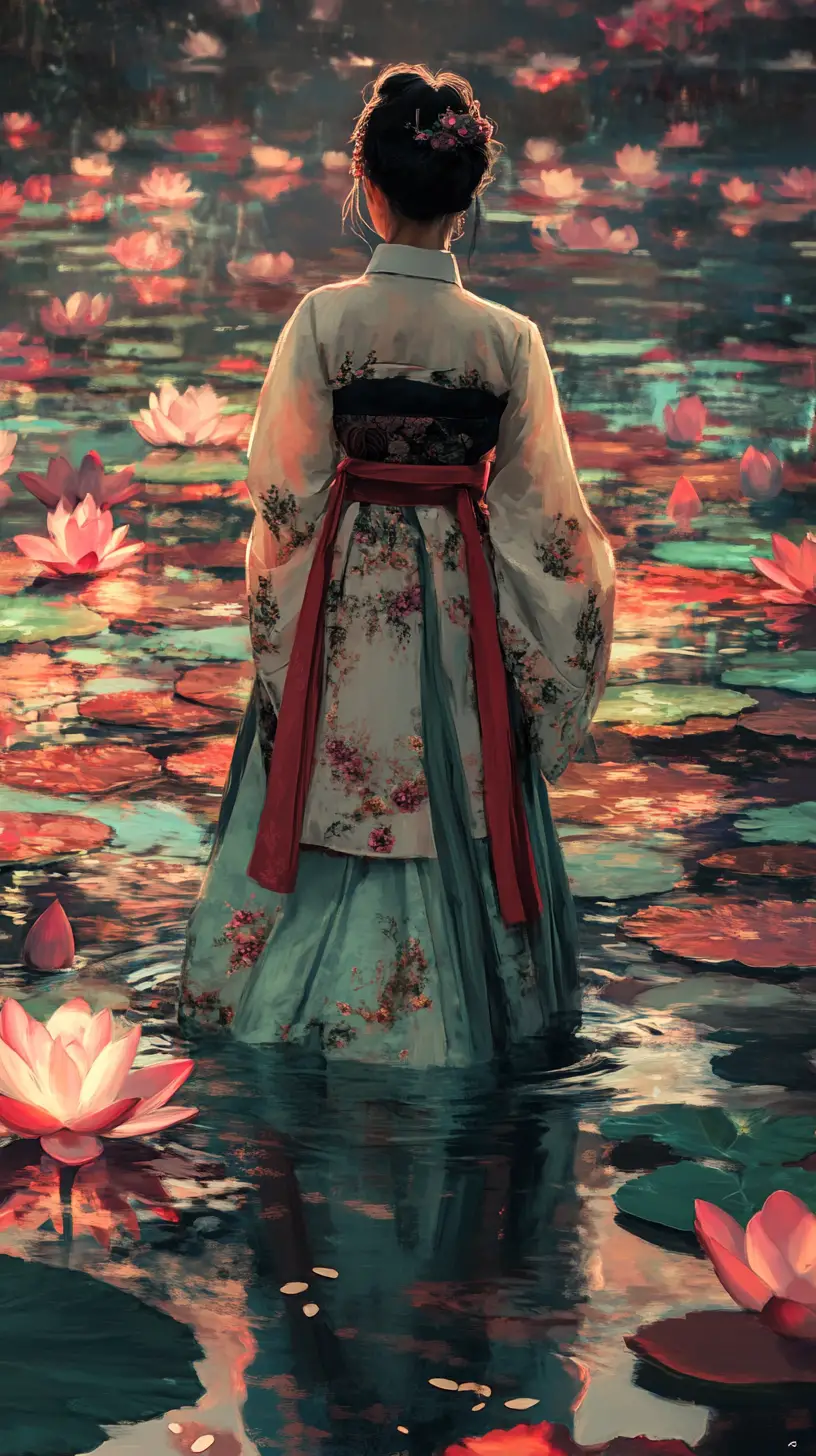 Korean woman in hanbok walking through a tranquil lotus pond