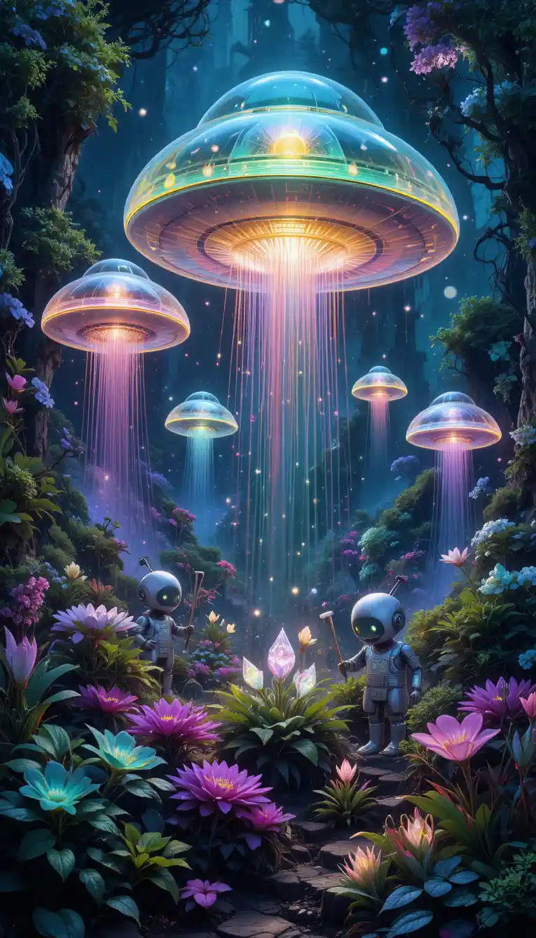 Futuristic garden with cute robots and glowing plants