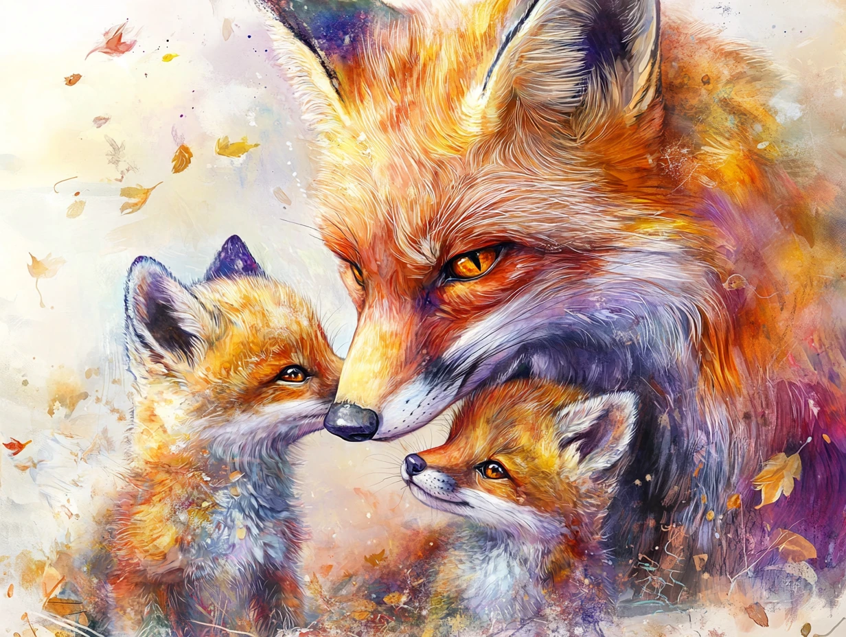 Watercolor fox family cuddling in a soft forest glow