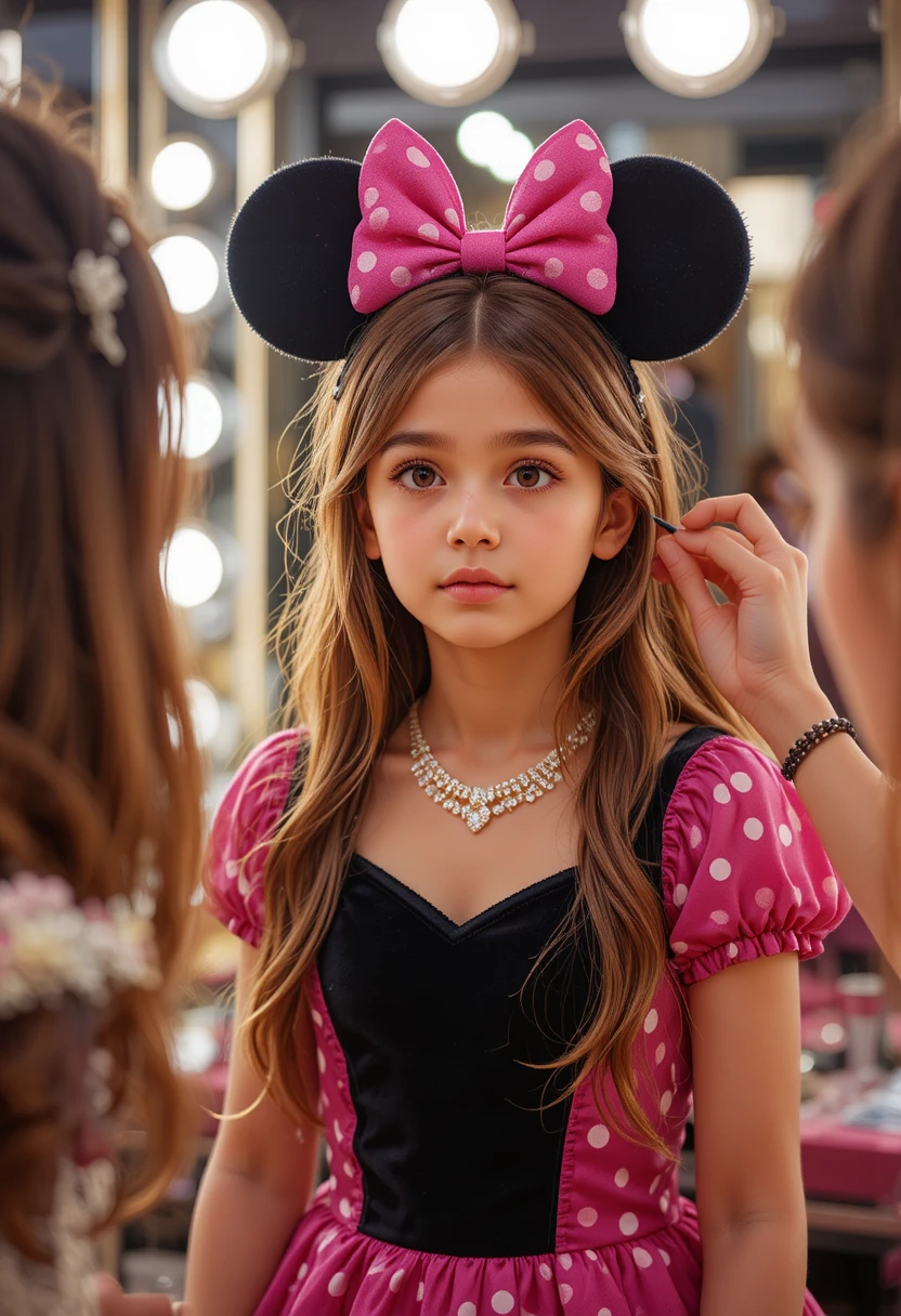 Niño con vestido rosa de Minnie frente al espejo de maquillaje de una boutique
