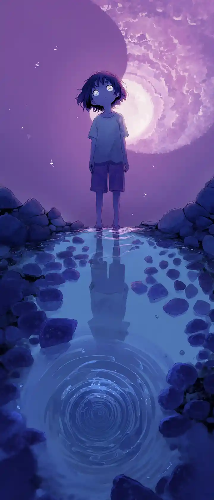 Anime child standing in a tide pool at twilight