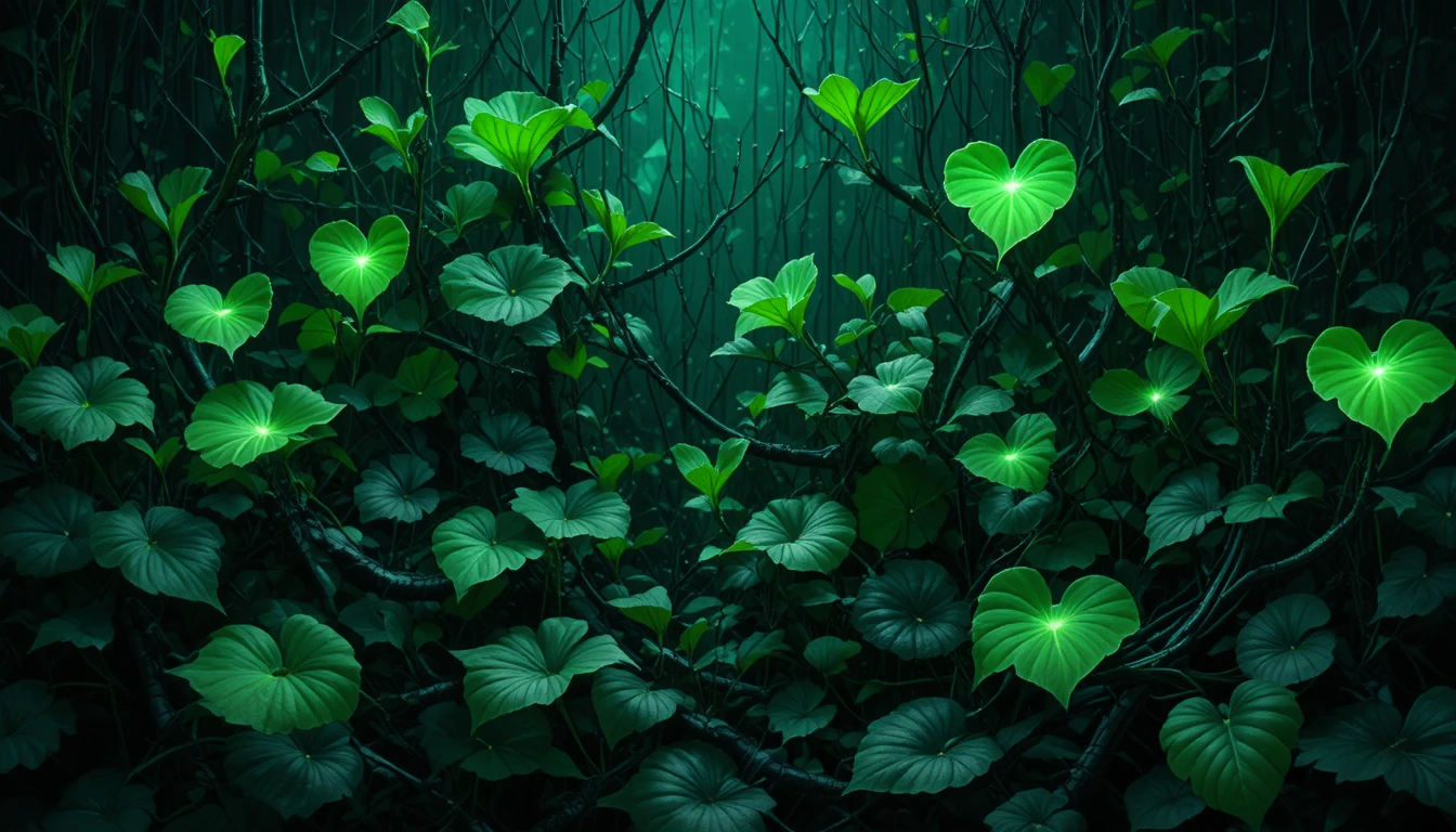 Glowing Heart Leaves In A Dark Futuristic Green Sanctuary