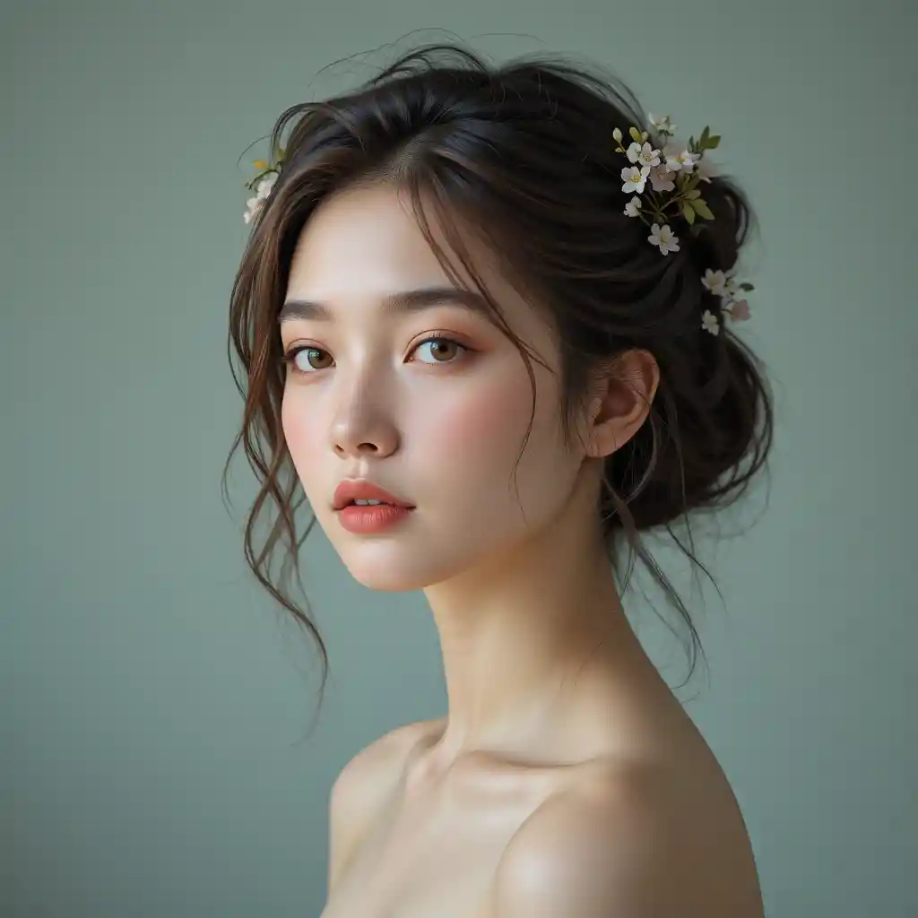 Serene girl portrait with wildflowers in ash brown updo