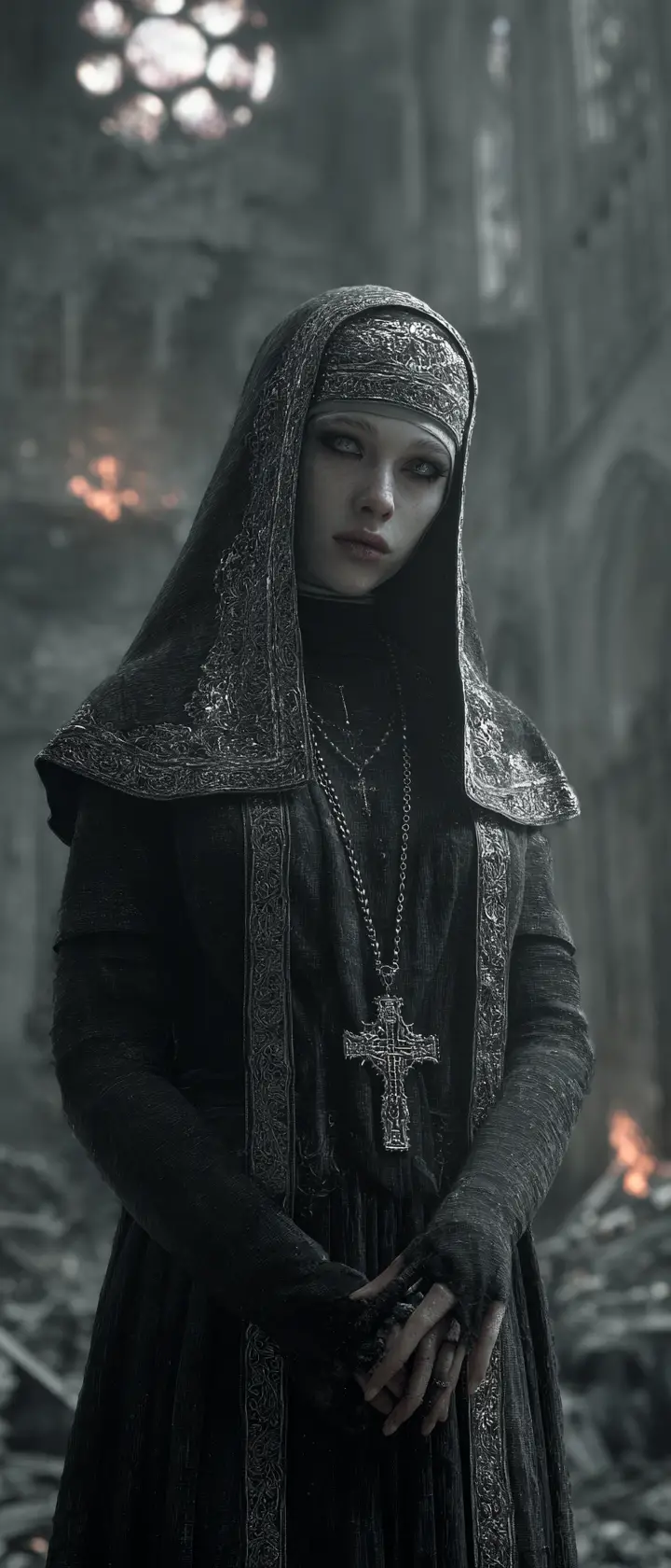 Fallen gothic nun in ruins of a burning cathedral