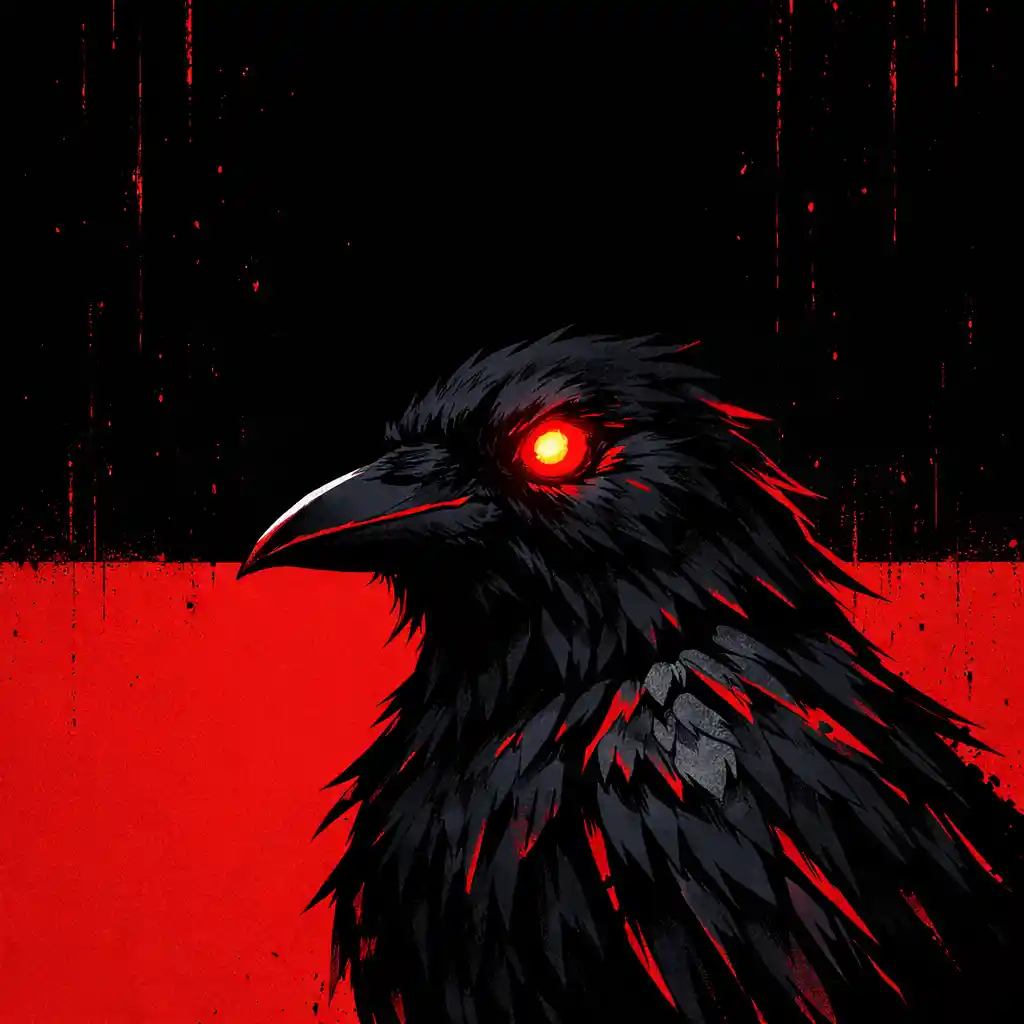 Ominous black raven against red and void black backdrop