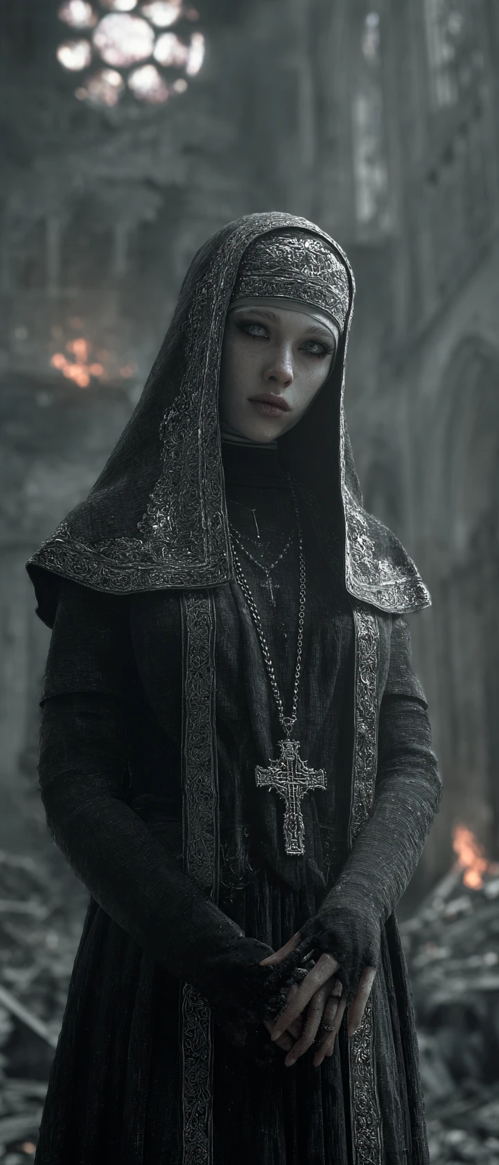 Fallen gothic nun in ruins of a burning cathedral