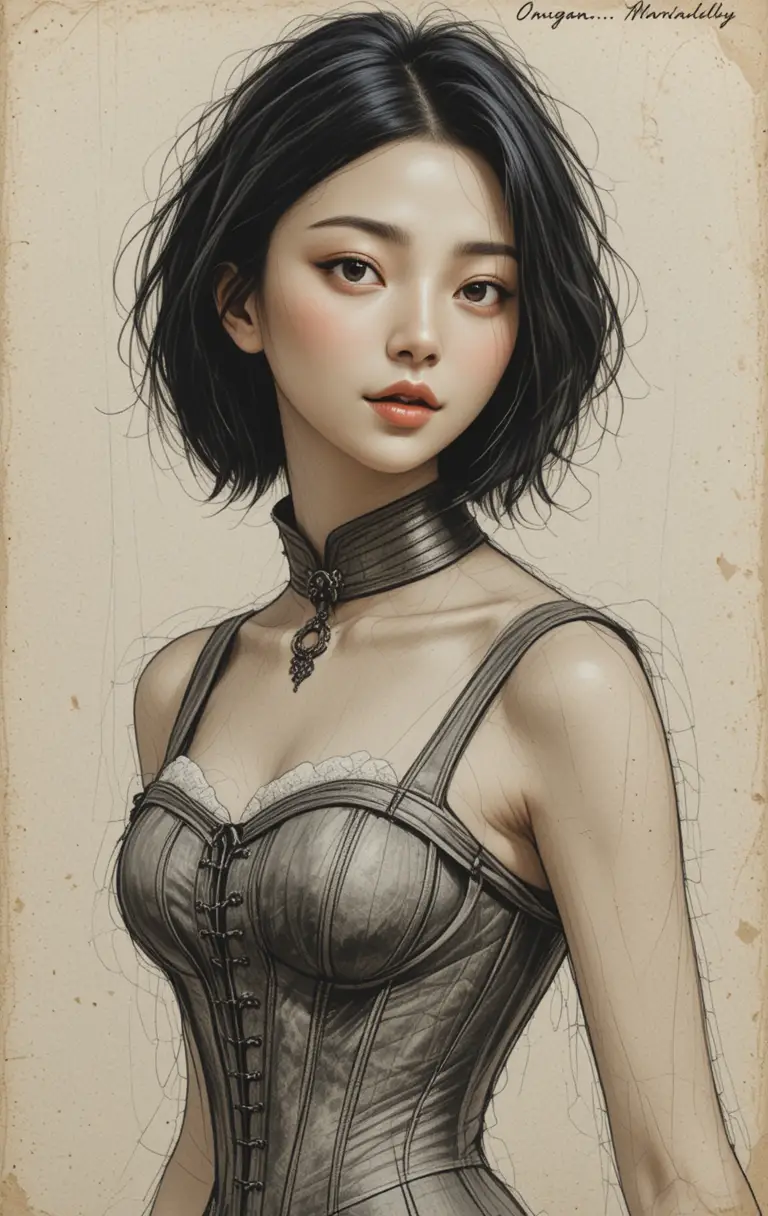 Sepia portrait drawing of young East Asian woman in corset