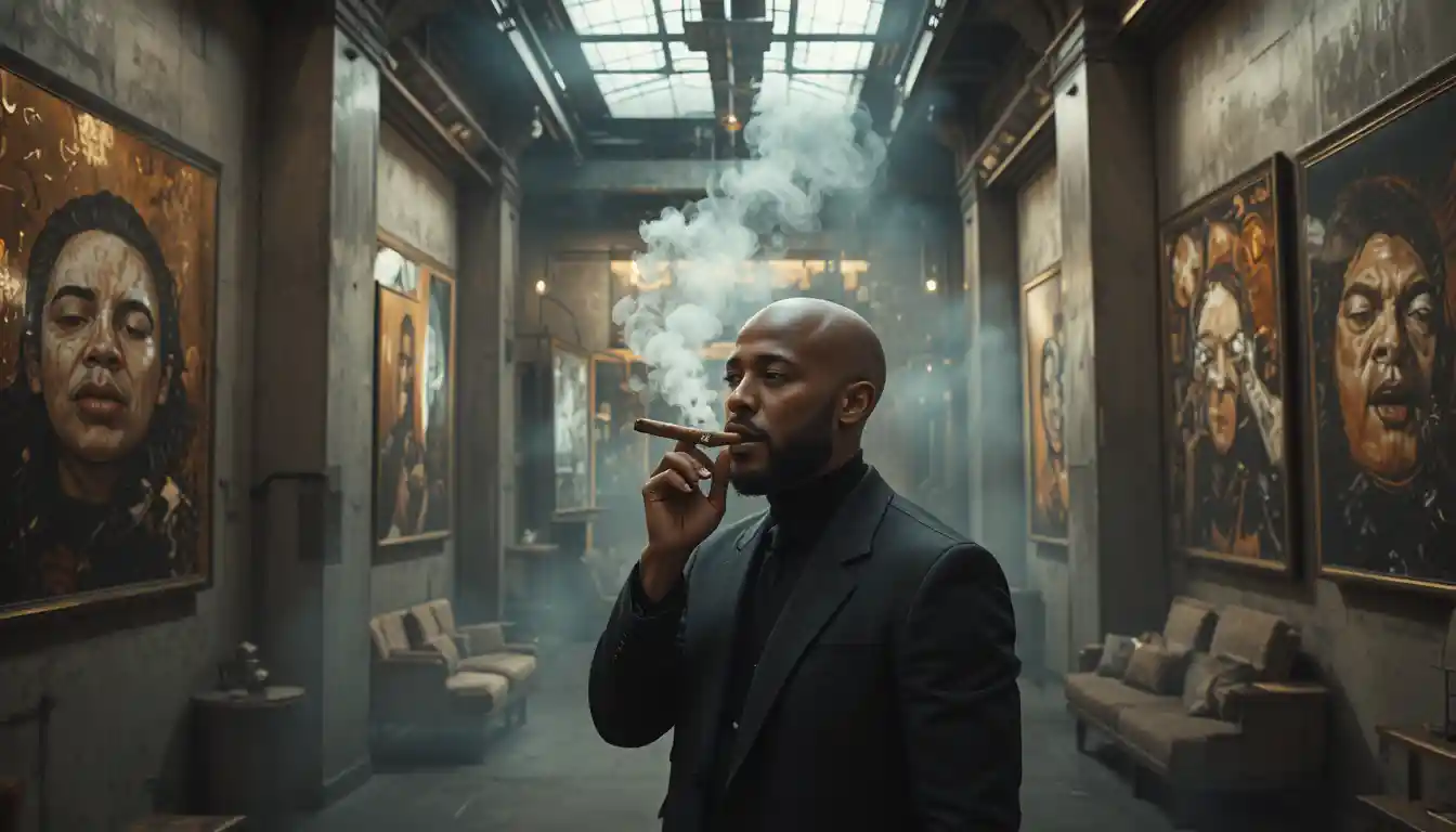 Uomo calvo e sicuro di sé che fuma un sigaro in un interno industriale di lusso