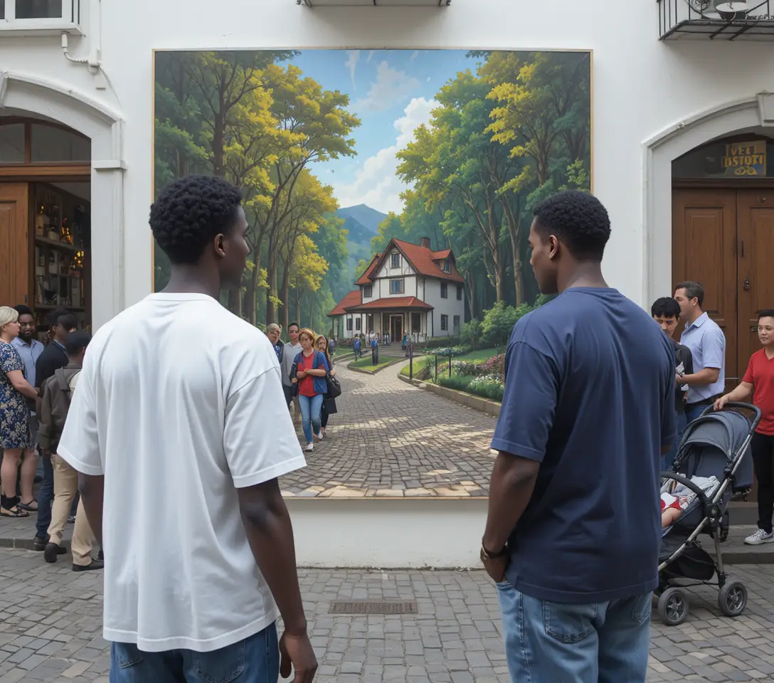 Two men viewing a colorful forest painting on a city street