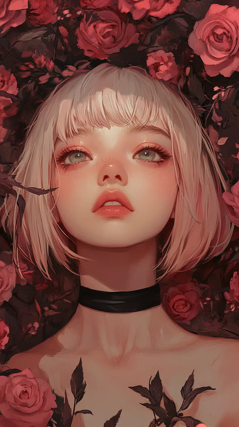 Anime girl portrait framed by pastel blooming roses