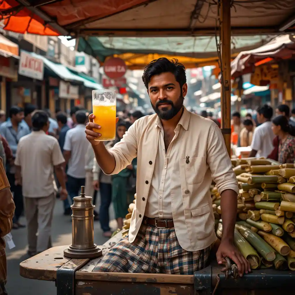 Vendedor de caña de azúcar sirviendo jugo en un mercado concurrido de Bombay