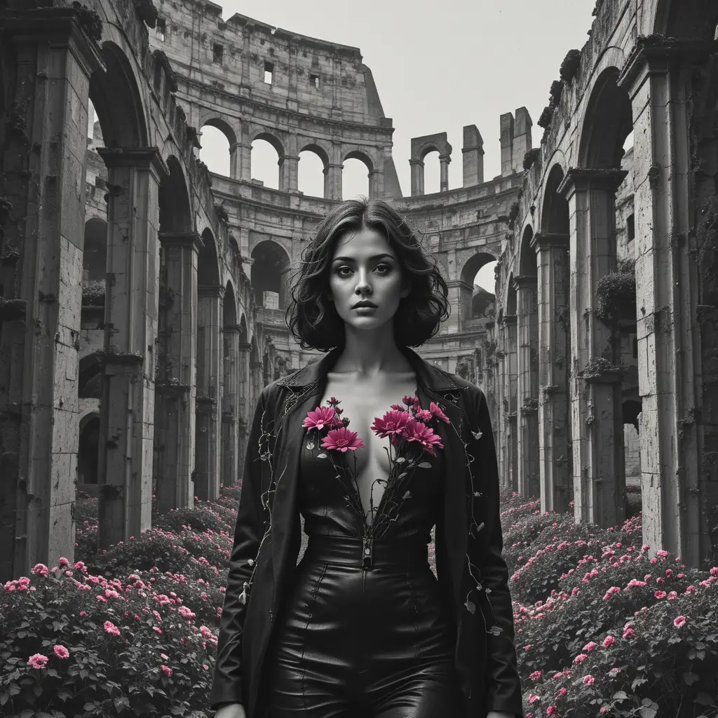 Surreal woman portrait in the ruins of the Colosseum