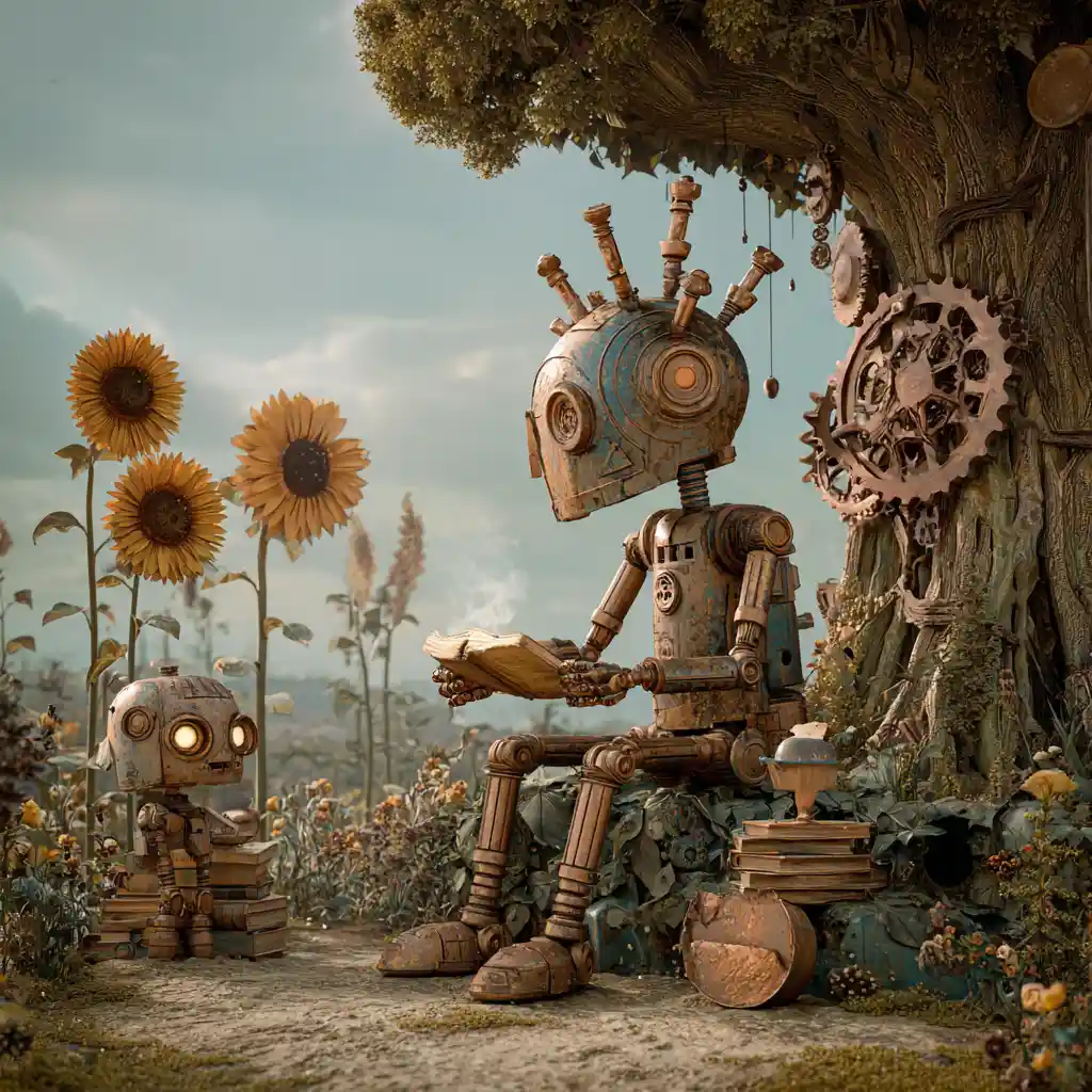 Cute steampunk robot reading under a clockwork tree