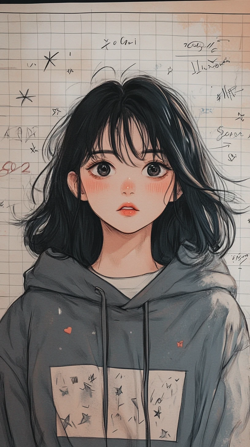 Sleepy anime girl doodle on lined notebook paper